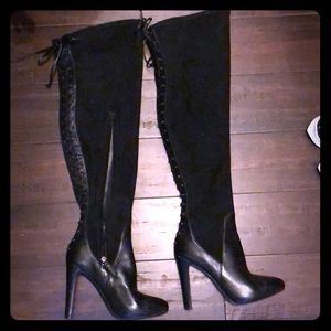 Black suede & leather thigh-high boots